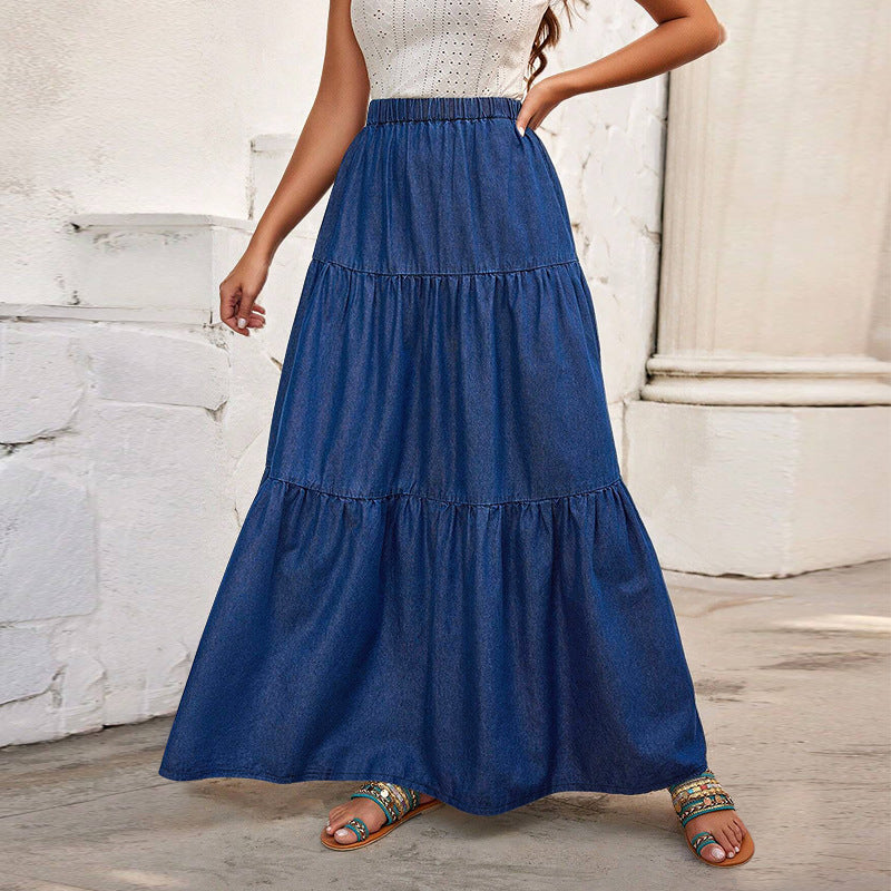 Denim Casual Tiered Long Skirt