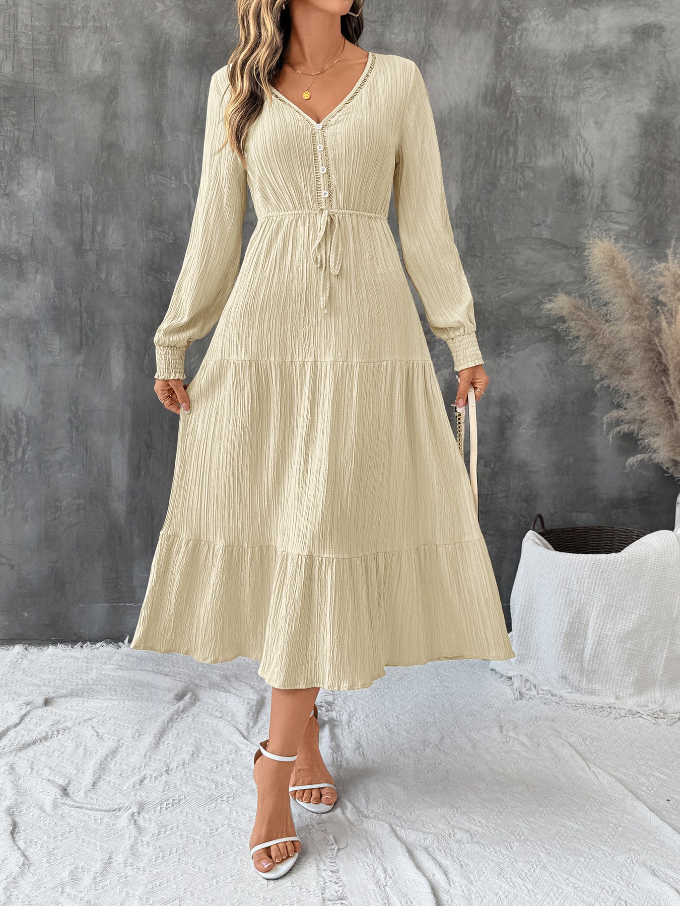 Autumn Pleated V-Neck Maxi Dress