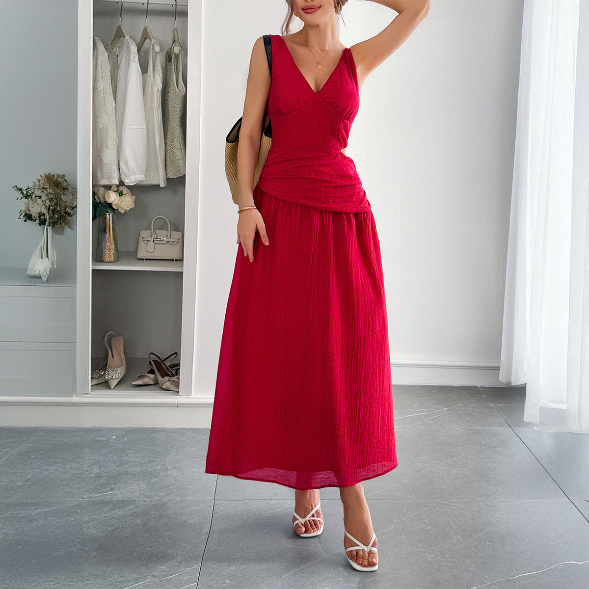 Deep V Solid Maxi Cutout Dress in Red - by Malbusaat