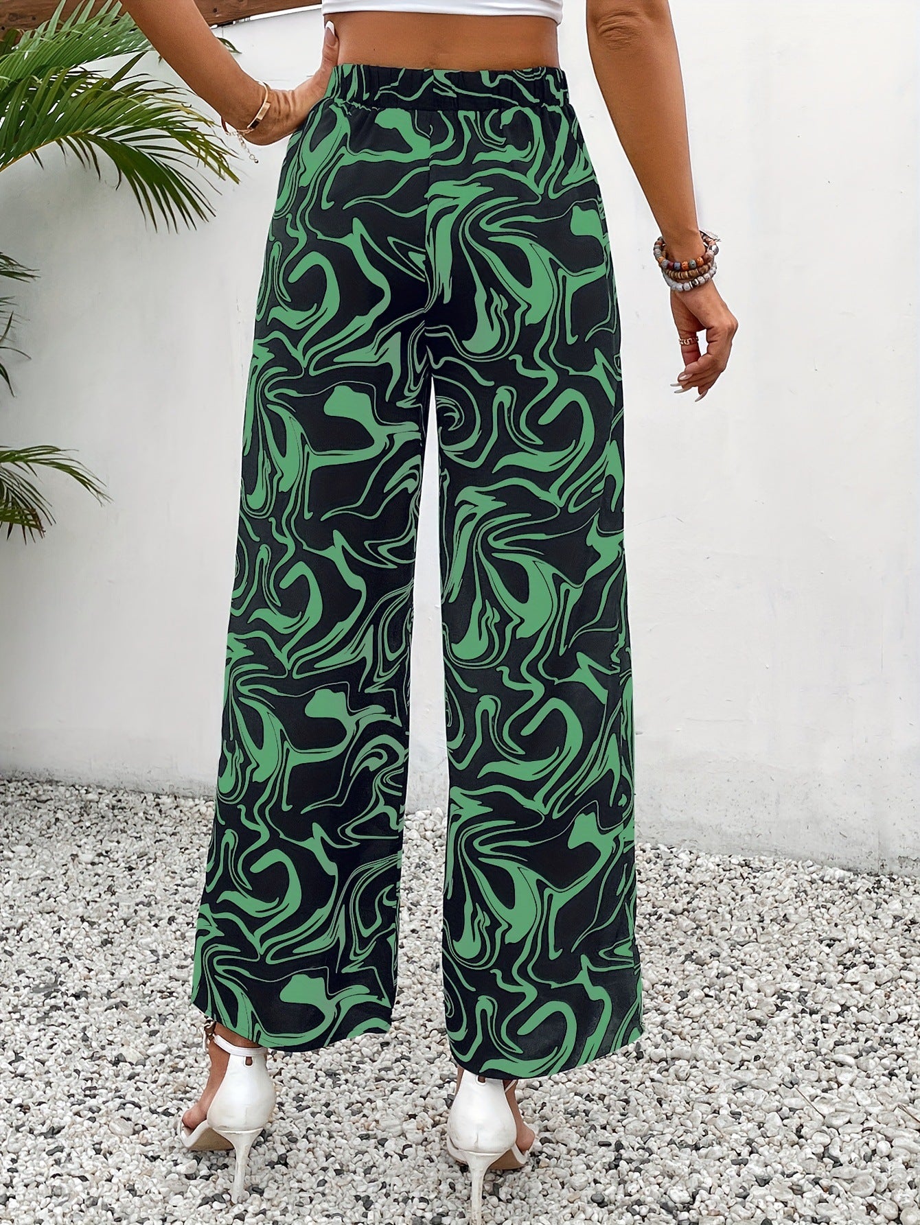 High-Waist Marble Print Straight-Leg Trousers in - by Malbusaat