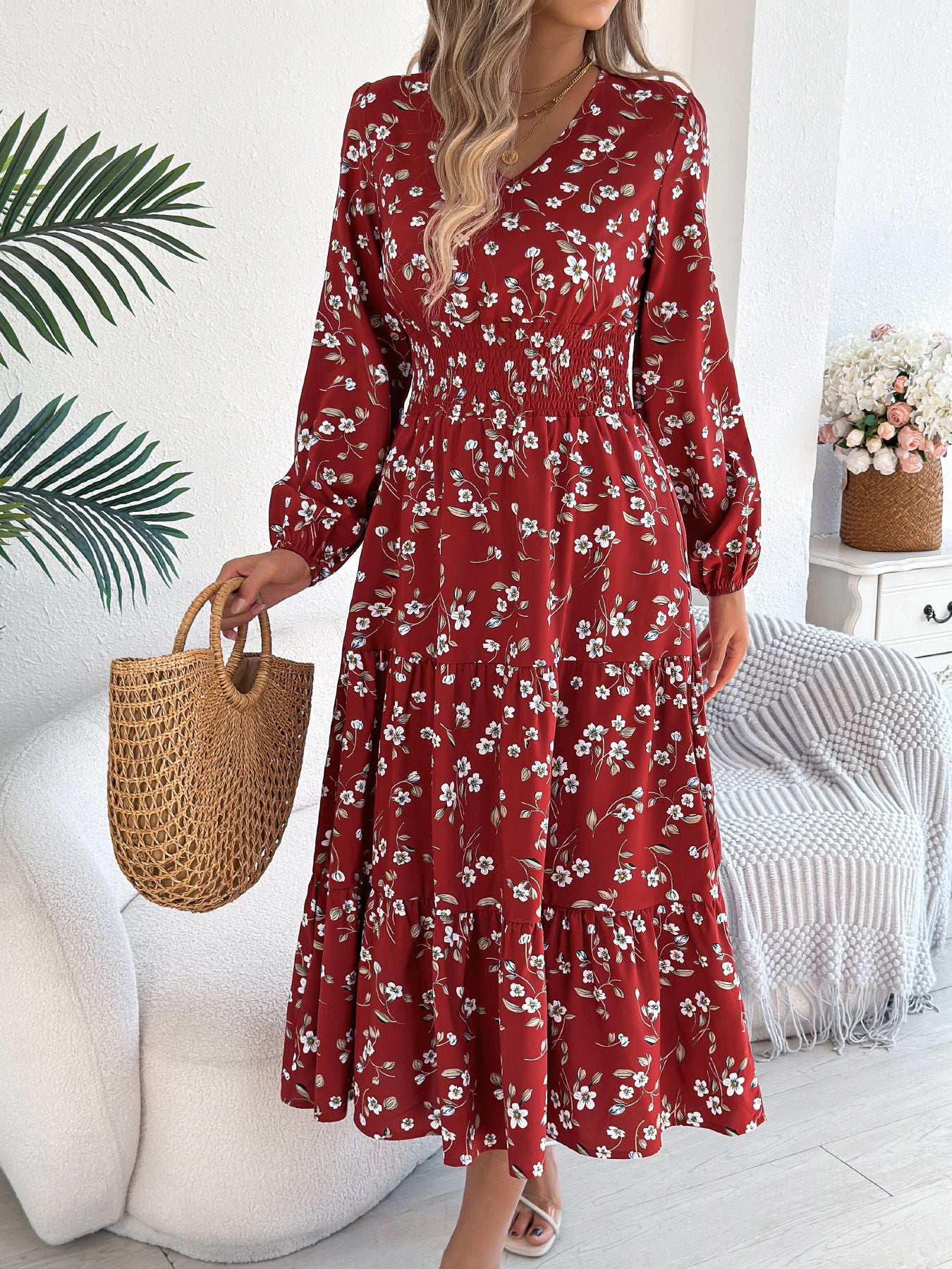 Floral V-Neck Long Sleeve Midi Dress in - by Malbusaat