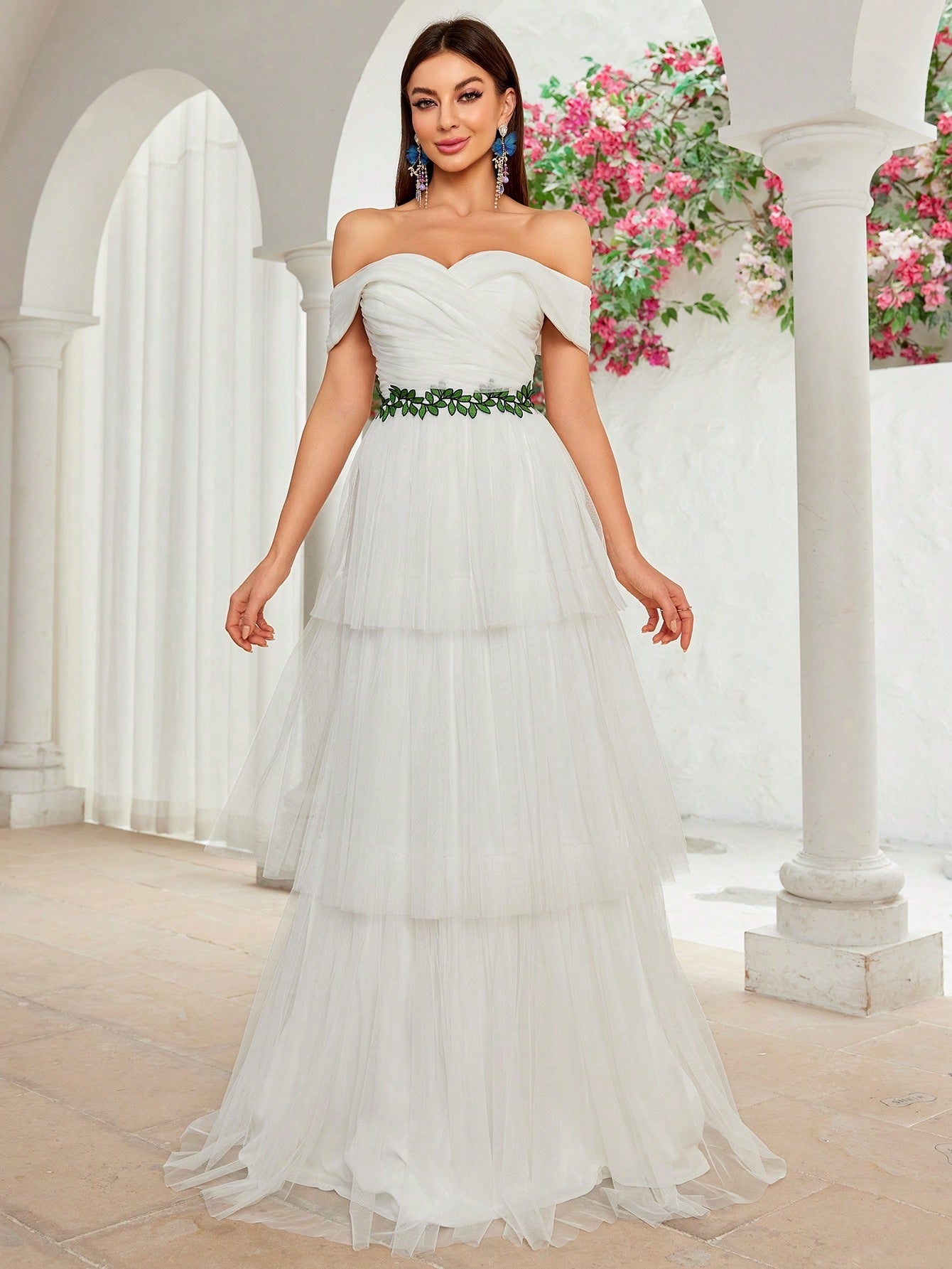 Elegant Off-Shoulder Mesh Maxi in - by Malbusaat