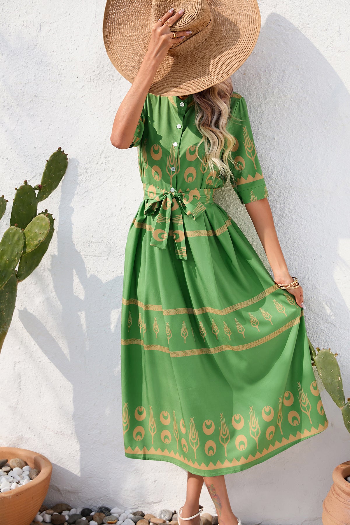 Printed Half Sleeve Maxi Dress in - by Malbusaat