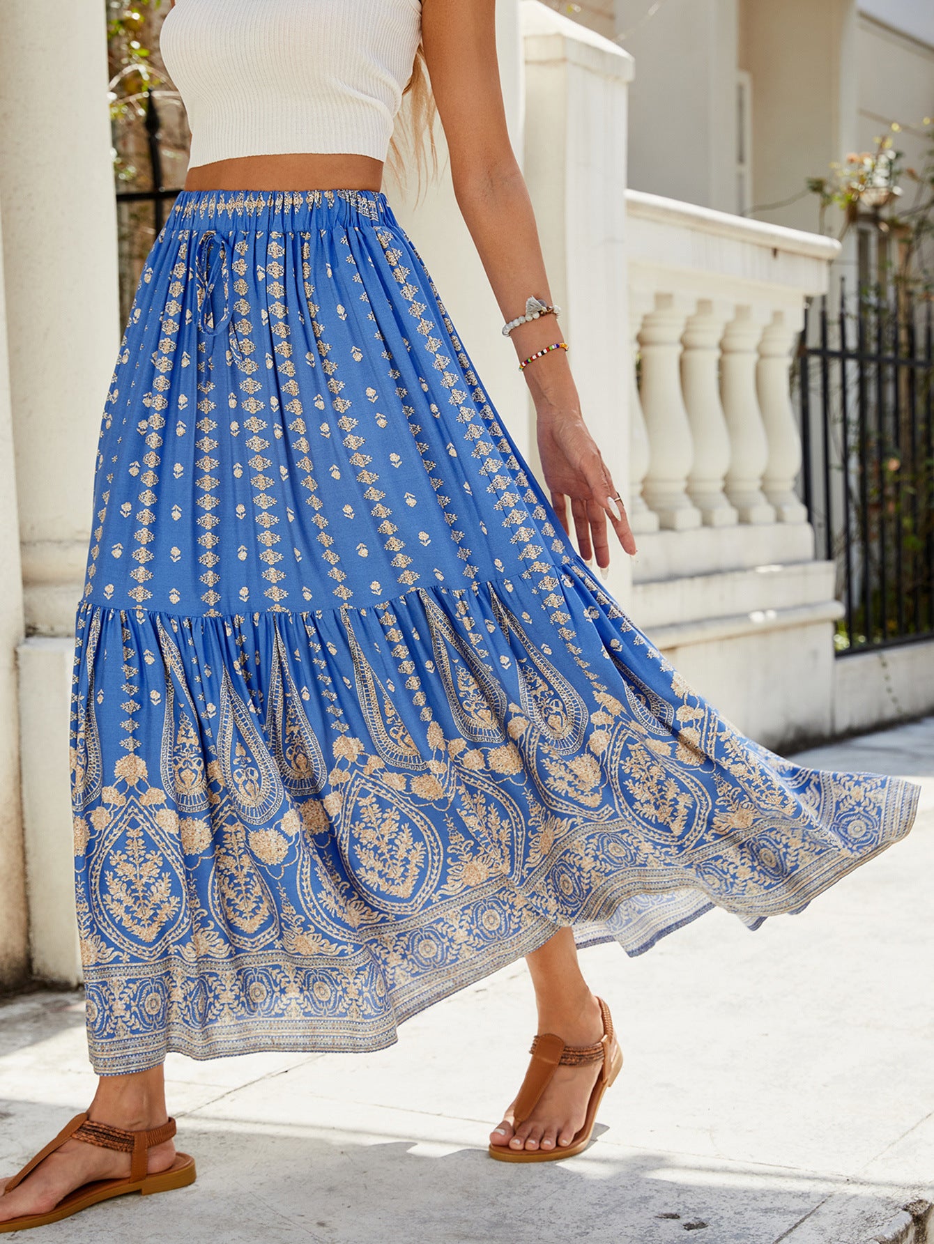 Bohemian High-Waist Swing Skirt in Blue - by Malbusaat