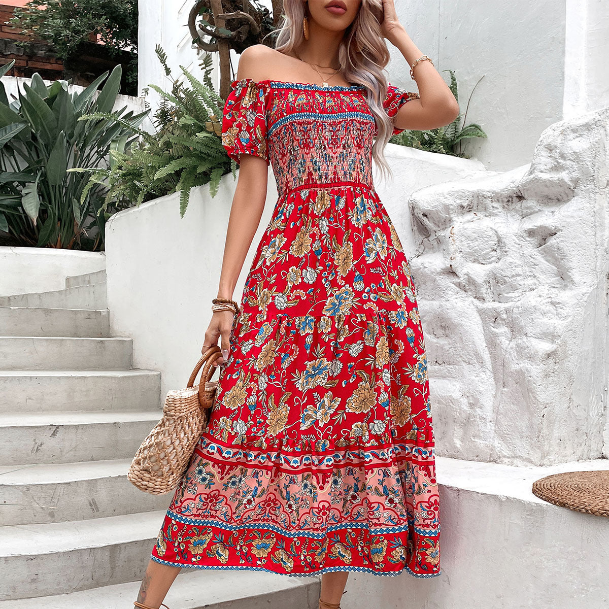 Ethnic Off-Shoulder Floral Midi Dress in - by Malbusaat