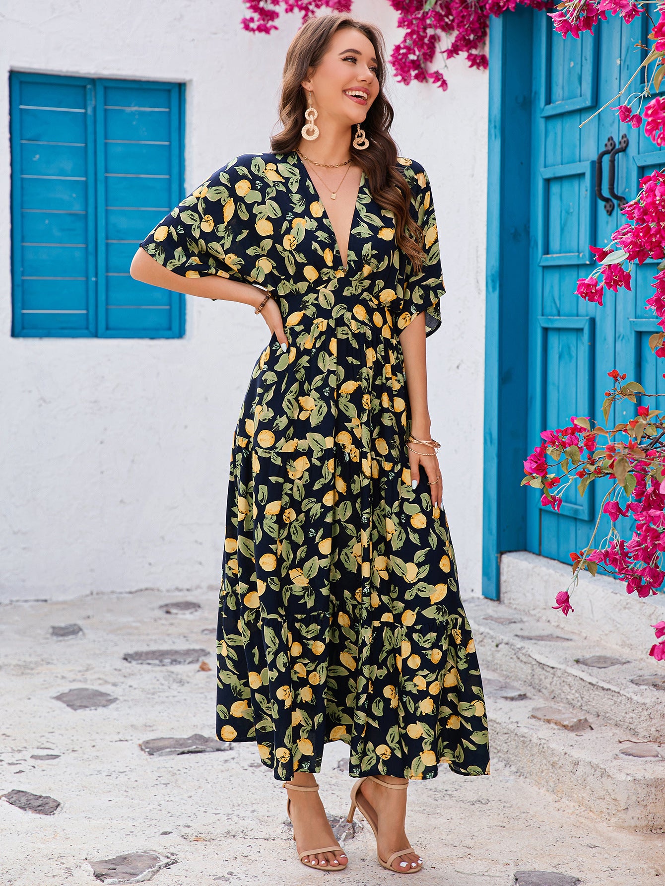 V-Neck Batwing Sleeve Maxi in - by Malbusaat