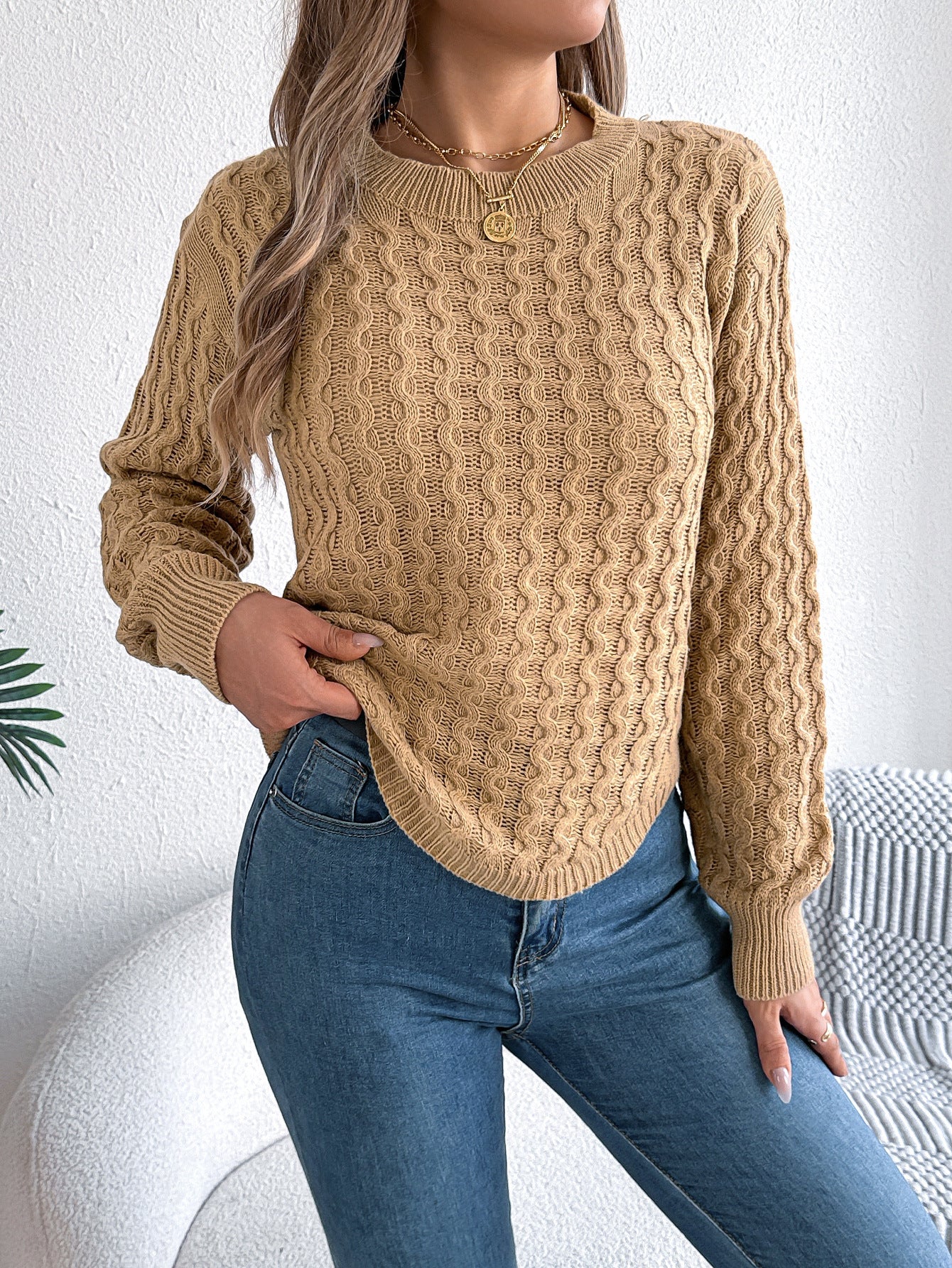 Twist Lantern Sleeve Asymmetric Sweater in Khaki - Sweater by Malbusaat