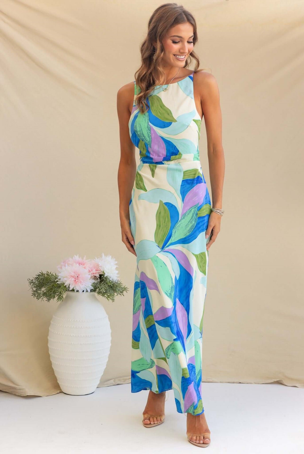 Floral Print Sleeveless Backless Maxi Dress in - by Malbusaat