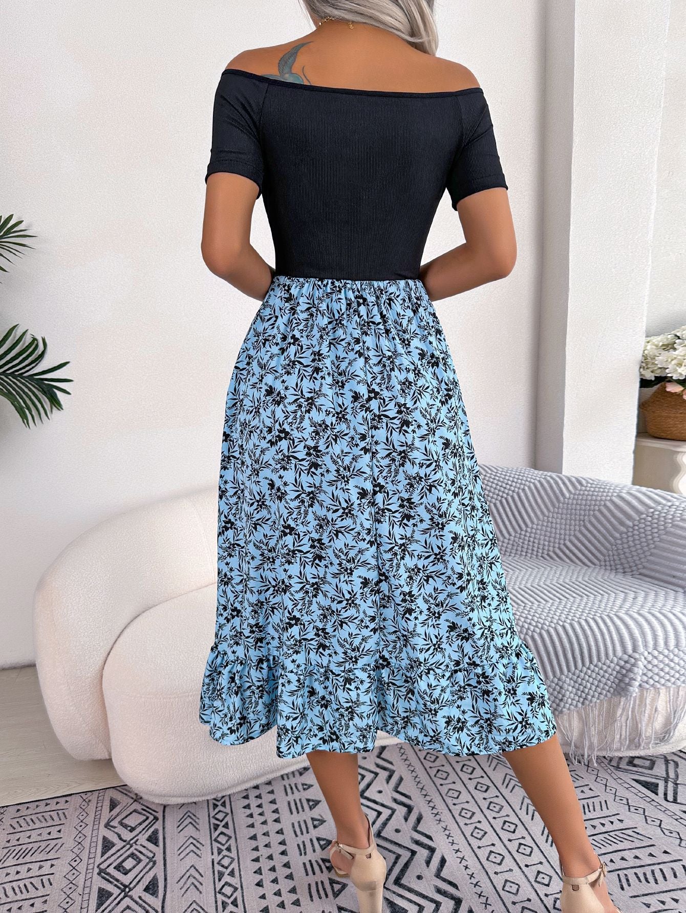 Floral Off-Shoulder Ruffle Patchwork Midi Dress