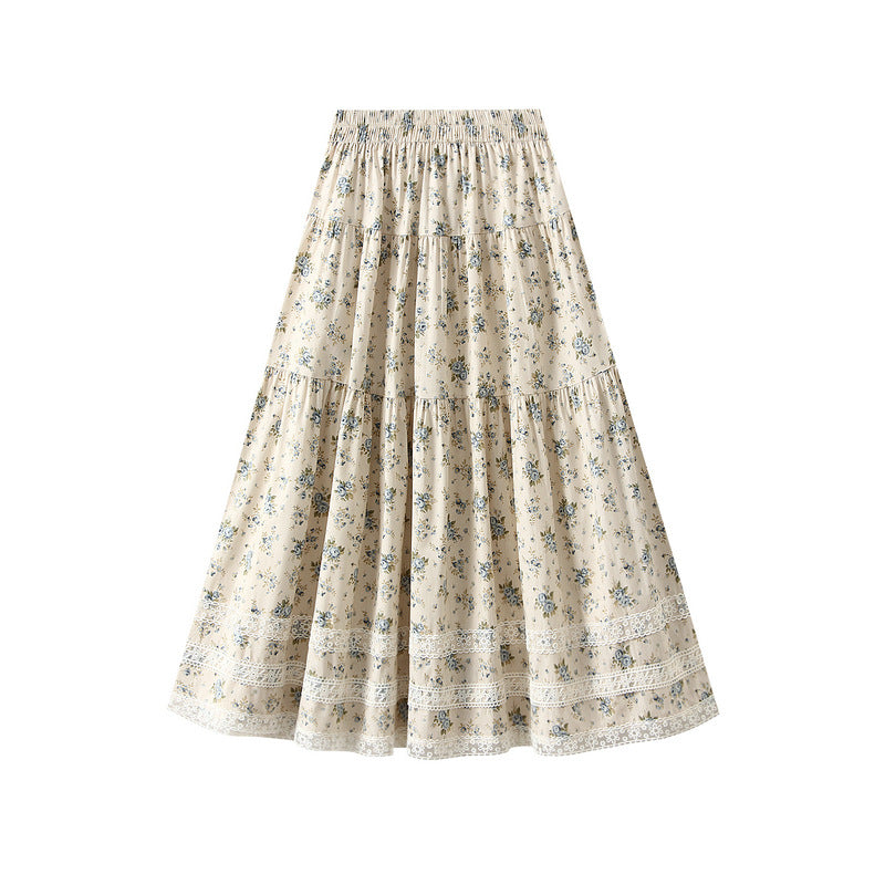 Pastoral Floral Tiered Lace Skirt in One Size Apricot - by Malbusaat