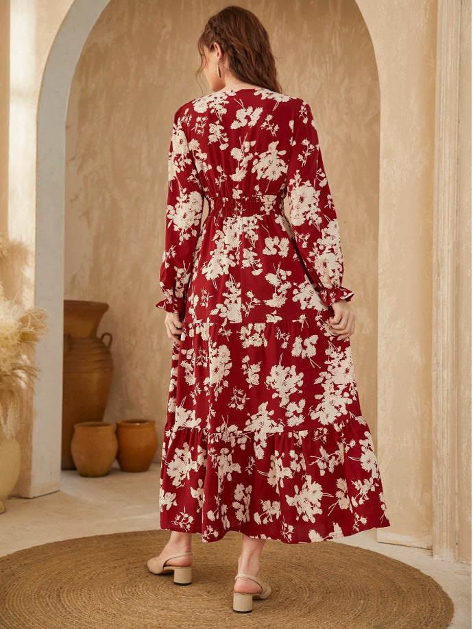 Floral V-Neck Long Sleeve Smocked Tiered Maxi in - by Malbusaat