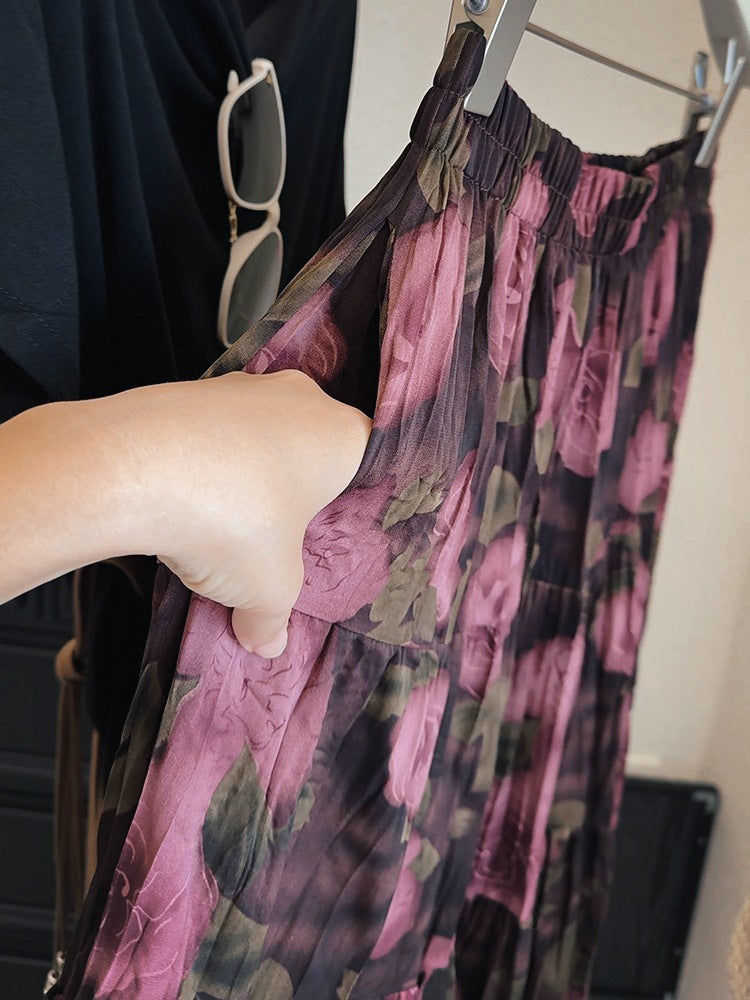 Retro Rose Printed Midi Skirt