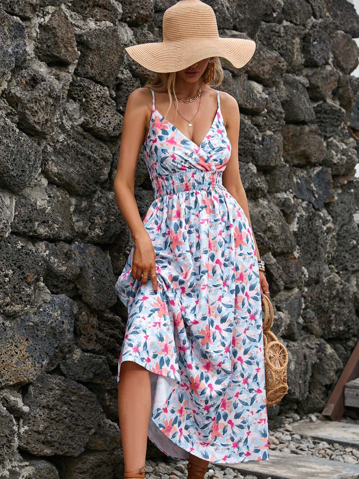 Floral V-Neck Midi Cami Dress in - by Malbusaat
