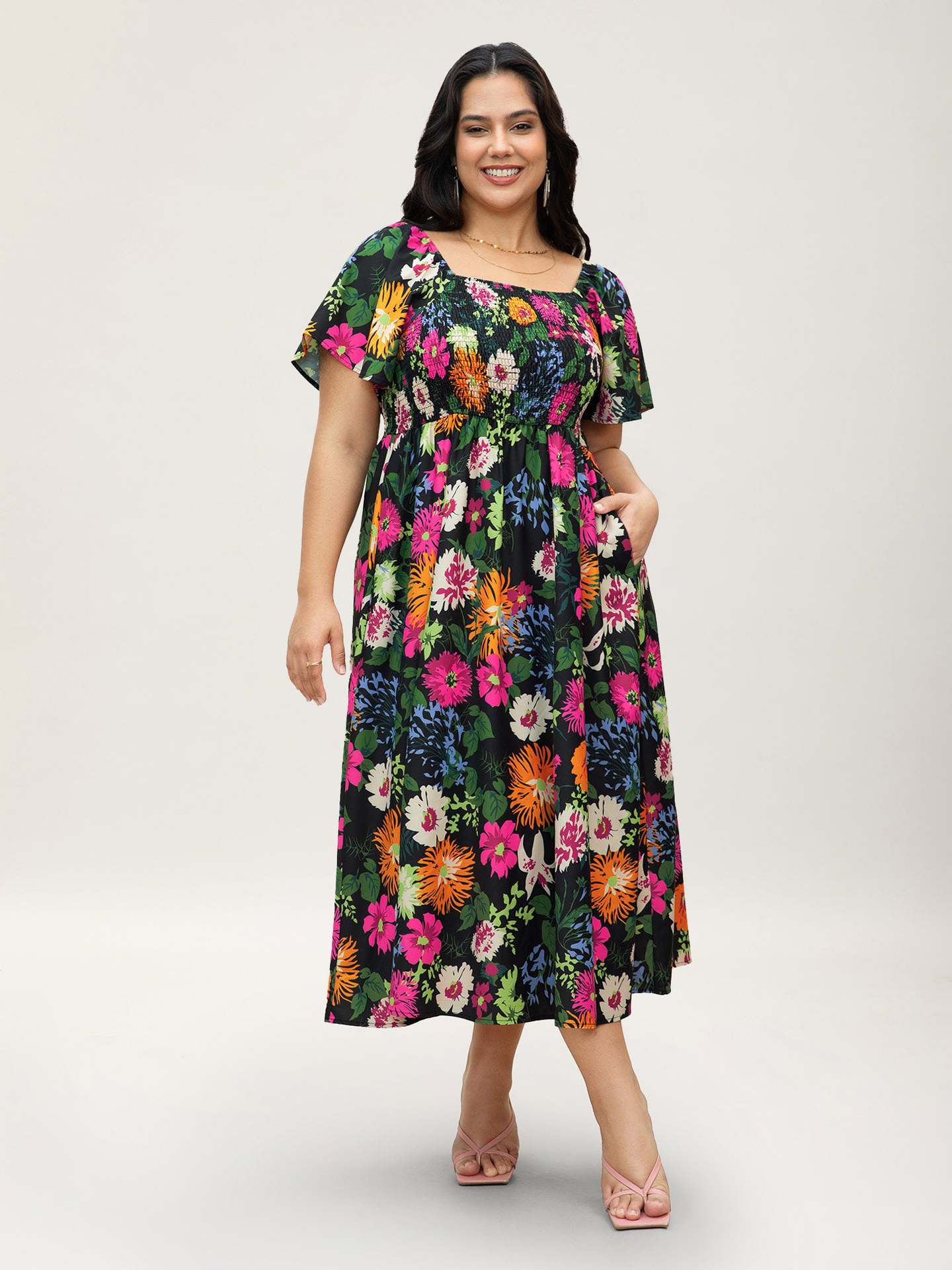Plus Size Floral Square Neck Midi Dress in - by Malbusaat