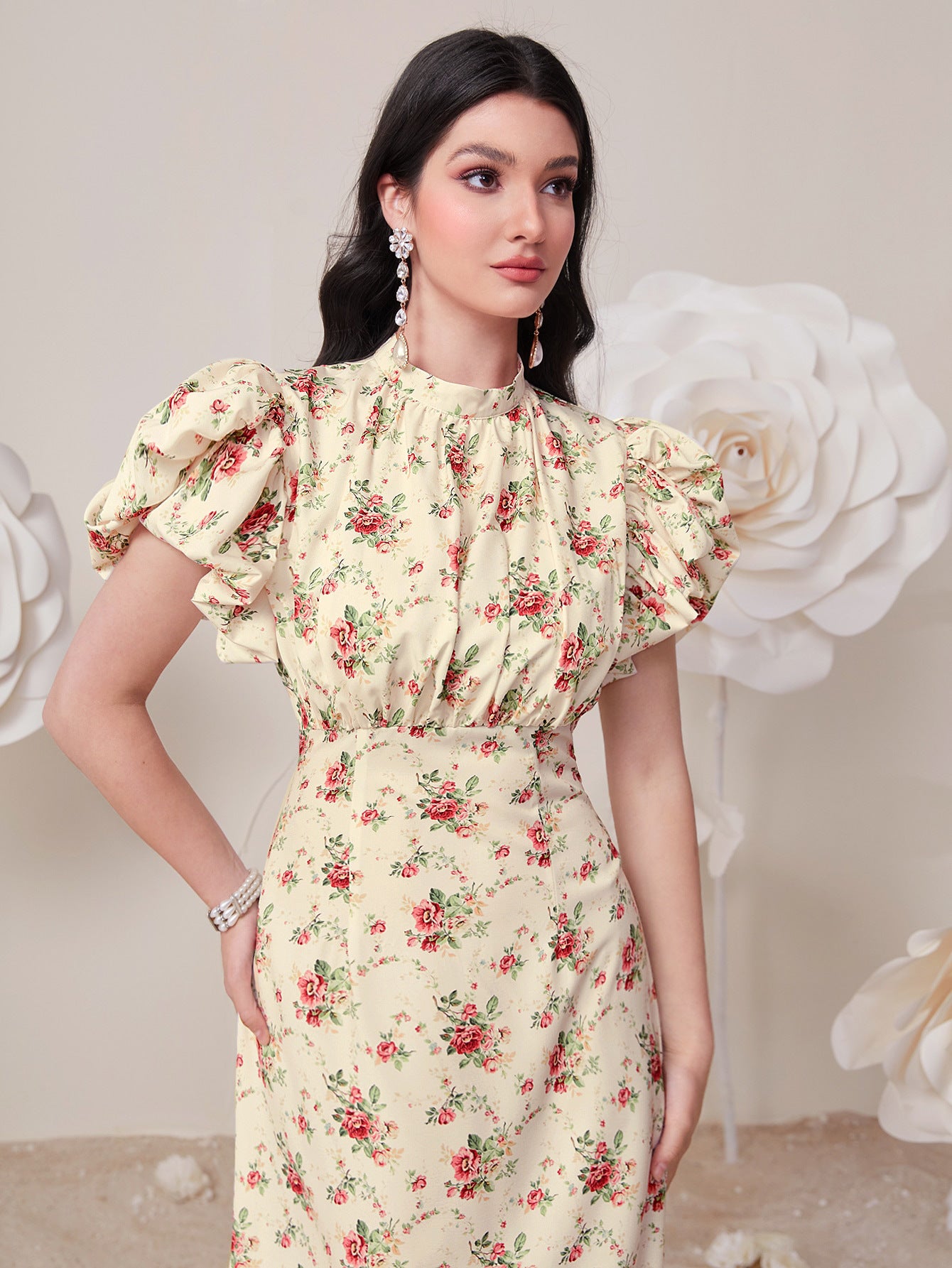 Elegant High Waist Puff Sleeve Dress in - by Malbusaat