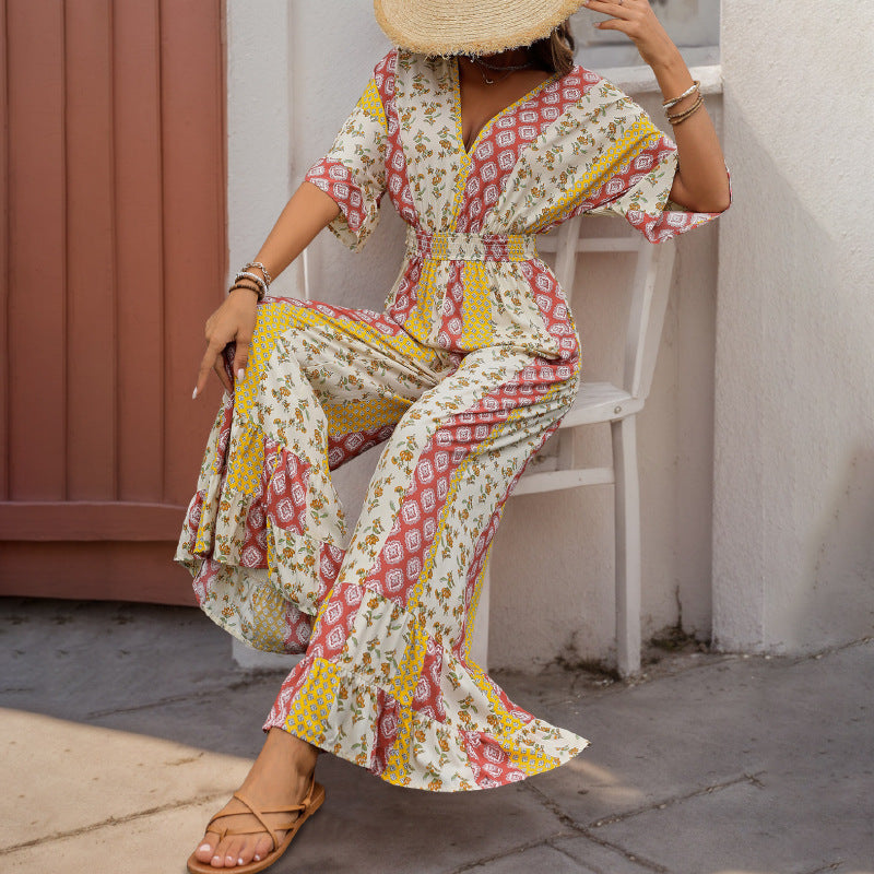 Geometric Striped Floral Printed Jumpsu in Yellow - by Malbusaat