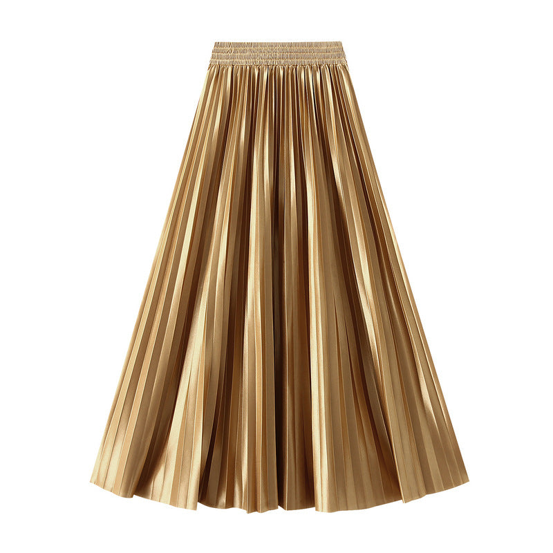 Glossy High-Waist Pleated A-Line Skirt in - by Malbusaat
