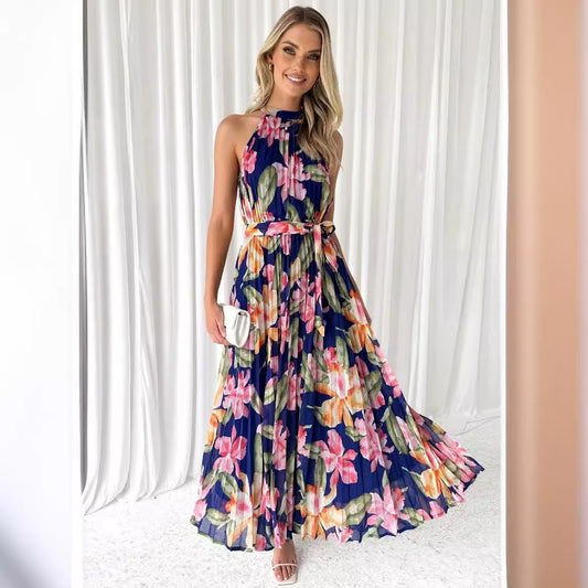 Floral Mock Neck Belted A-Line Maxi in - by Malbusaat