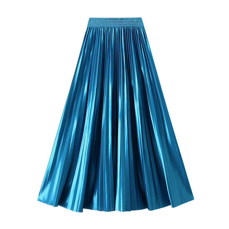 Glossy High-Waist Pleated A-Line Skirt in One Size Blue - by Malbusaat