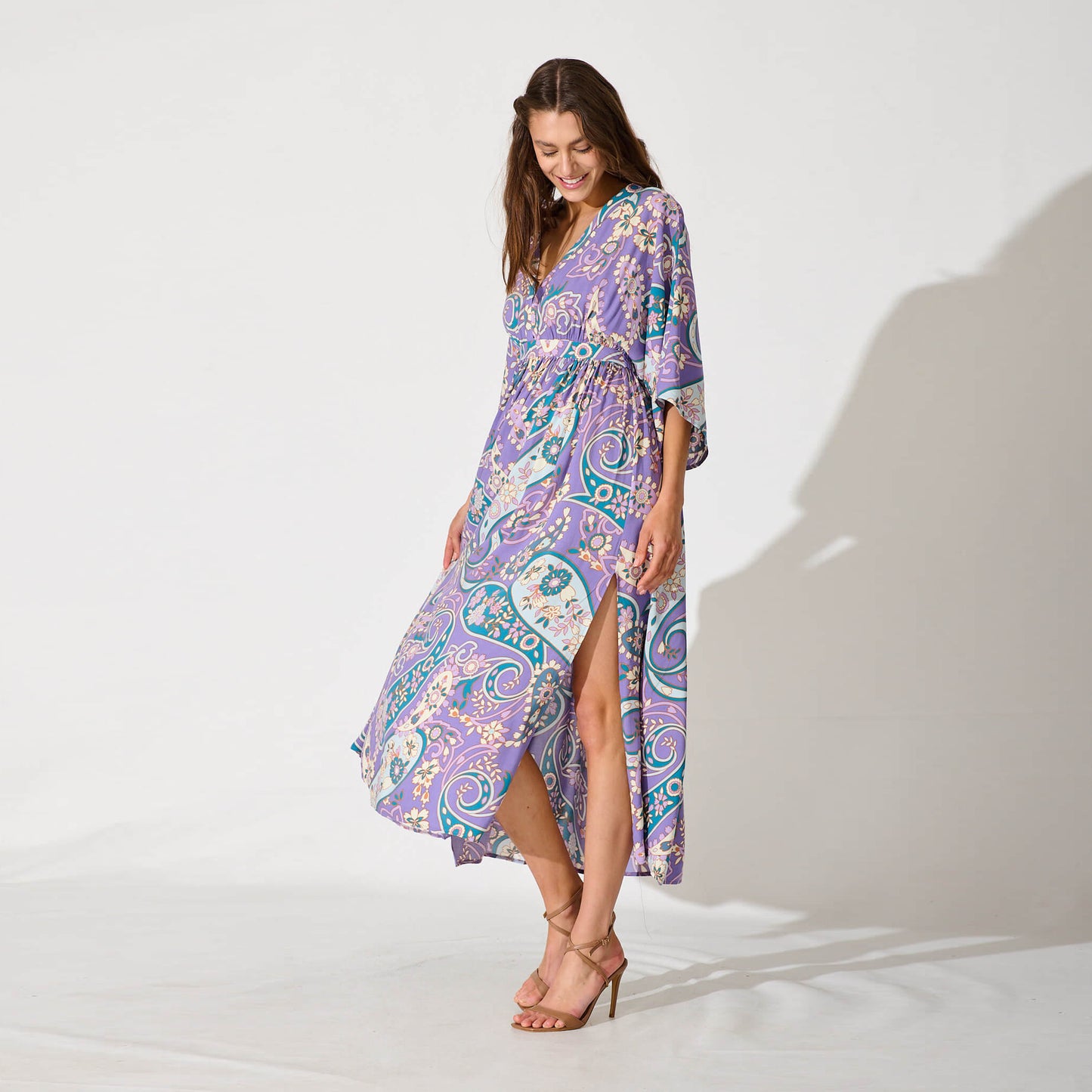 V-Neck Batwing Sleeve Printed Slim Maxi