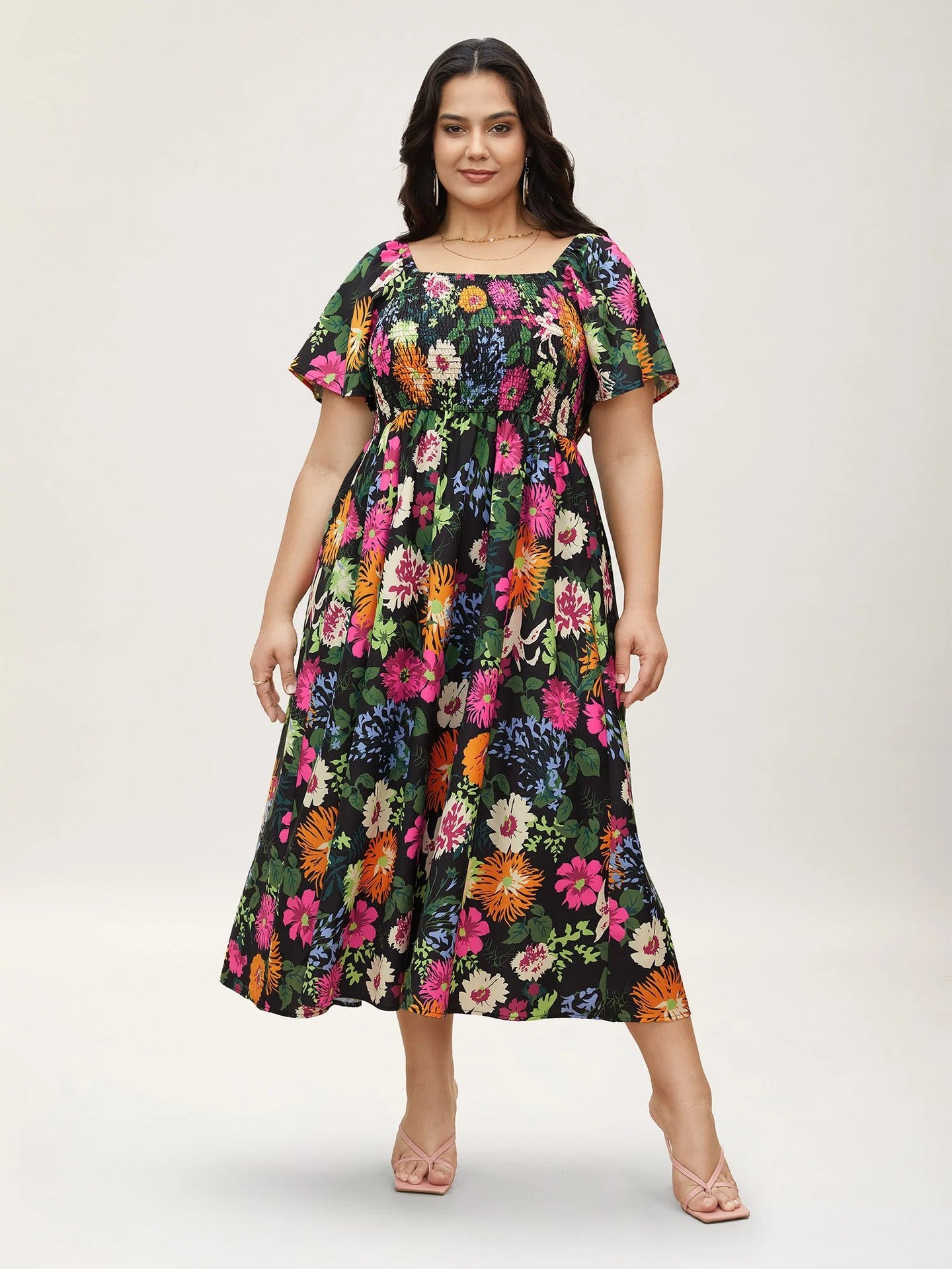 Plus Size Floral Square Neck Midi Dress in - by Malbusaat