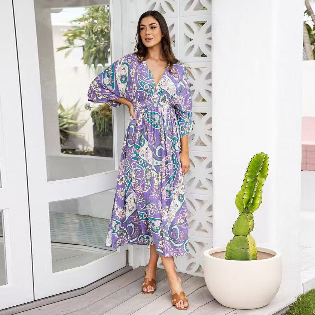 V-Neck Batwing Sleeve Printed Slim Maxi