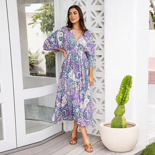 V-Neck Batwing Sleeve Printed Slim Maxi in - by Malbusaat
