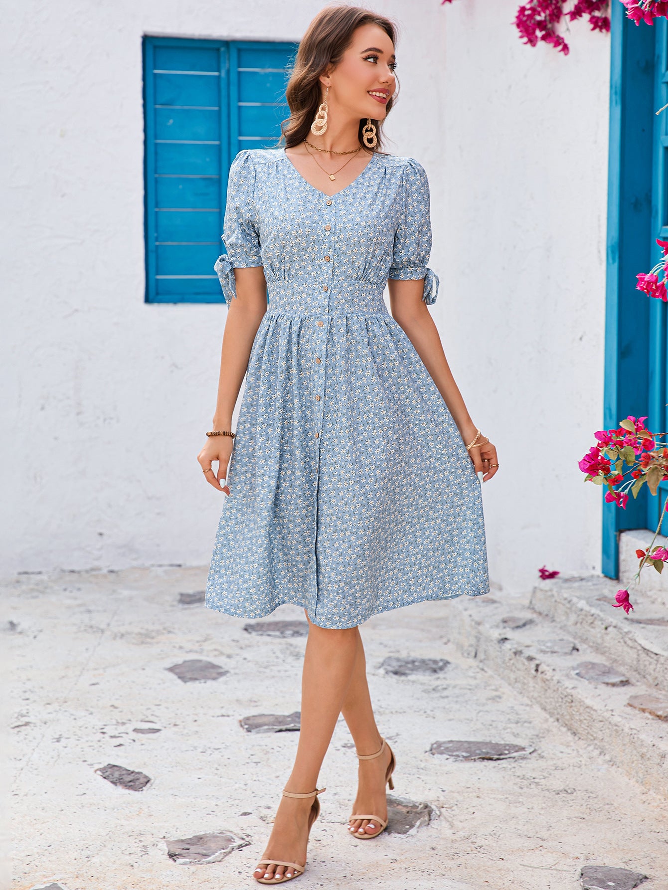 V-Neck Buttoned Midi Dress
