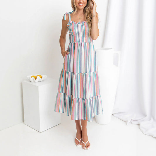 Rainbow Striped Spaghetti Strap Dress in - by Malbusaat