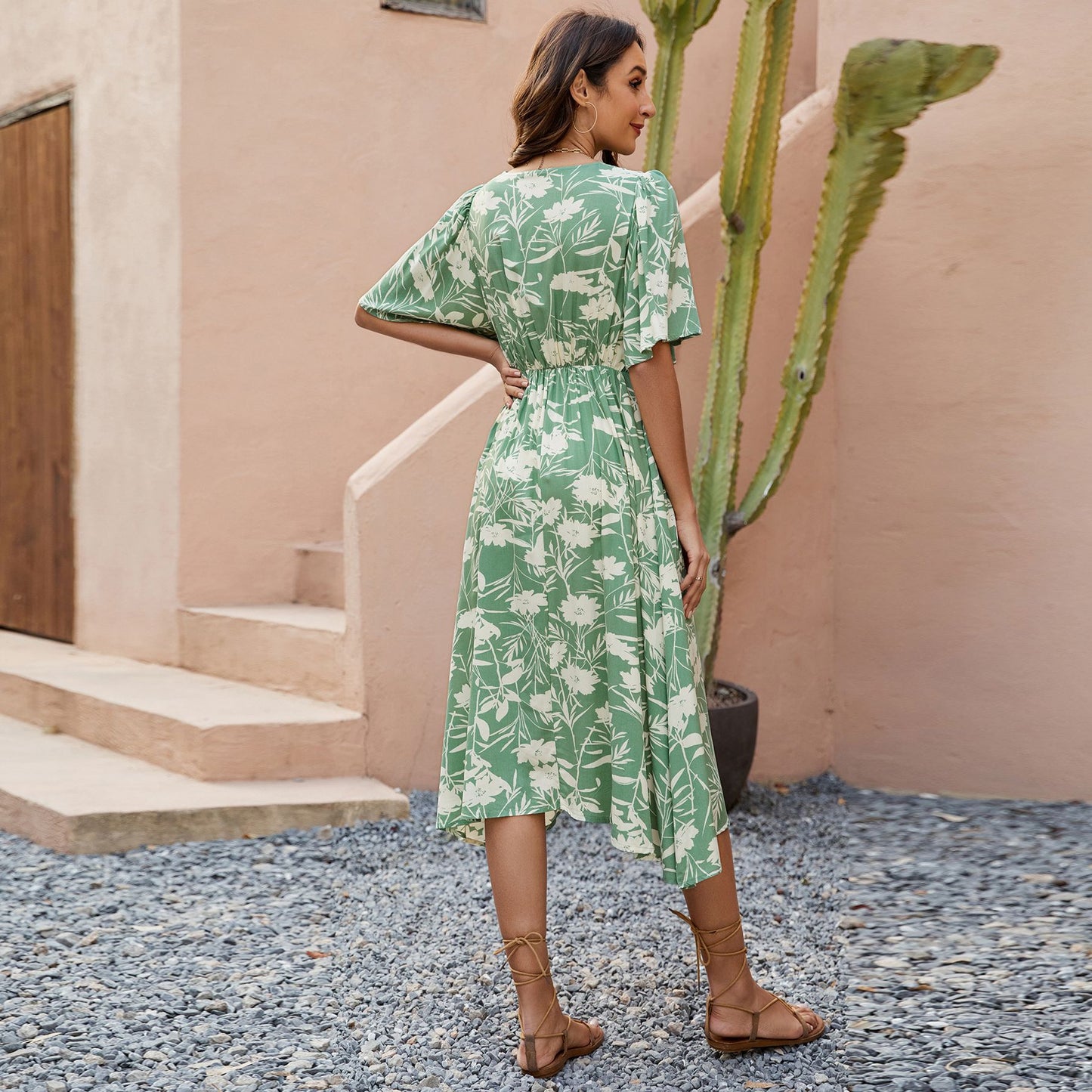 Floral V-Neck Butterfly Sleeve Midi A-Line Dress