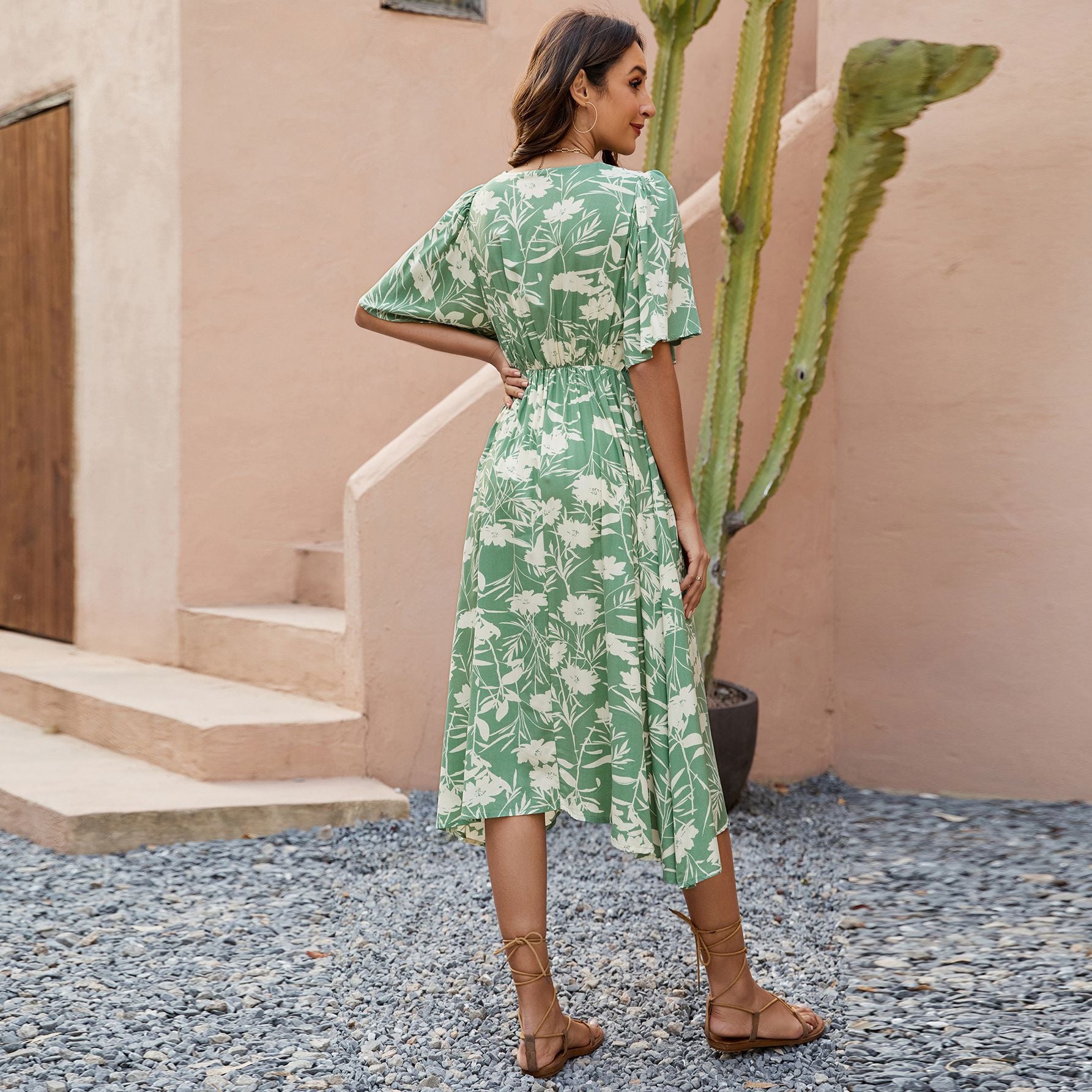 Floral V-Neck Butterfly Sleeve Midi A-Line Dress in - by Malbusaat
