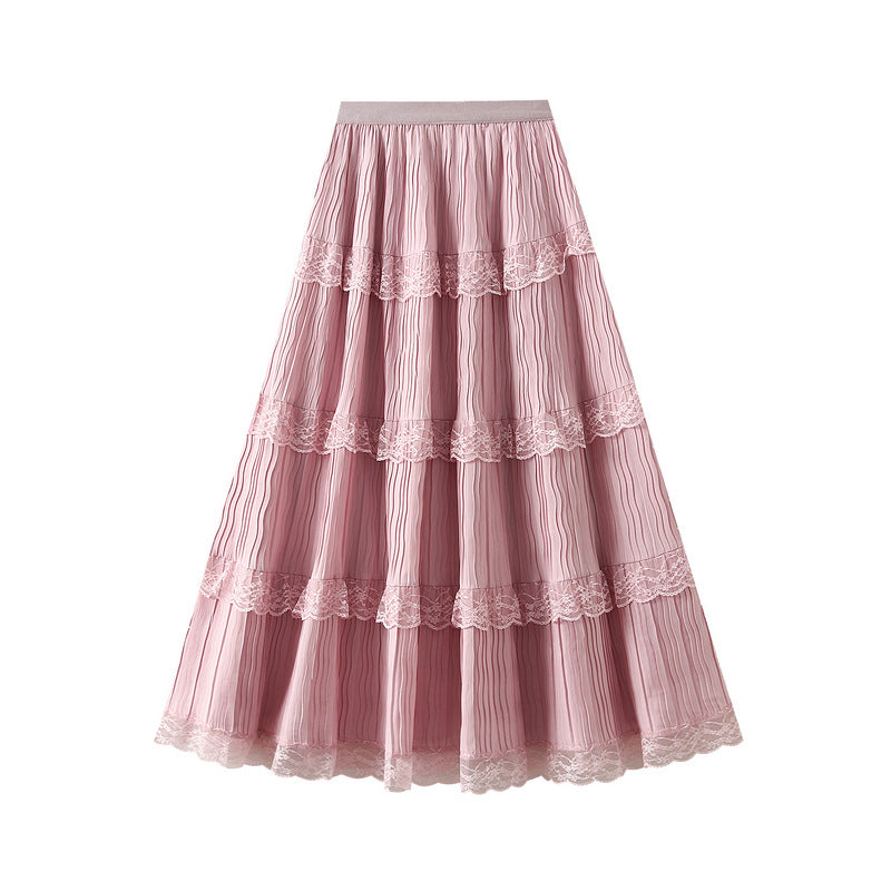 Lace Mesh Patchwork Tiered Ruffle Maxi Skirt
