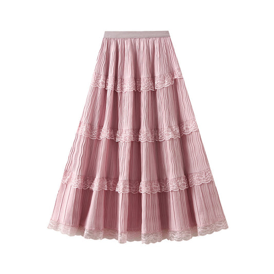 Lace Mesh Patchwork Tiered Ruffle Maxi Skirt in - by Malbusaat