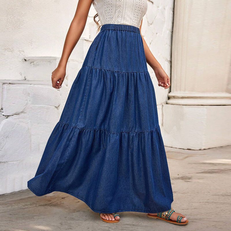 Denim Casual Tiered Long Skirt