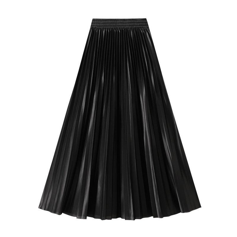 Glossy High-Waist Pleated A-Line Skirt in One Size Black - by Malbusaat