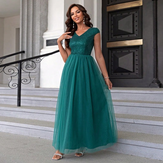 Dark Green Sequin Mesh Maxi in - by Malbusaat