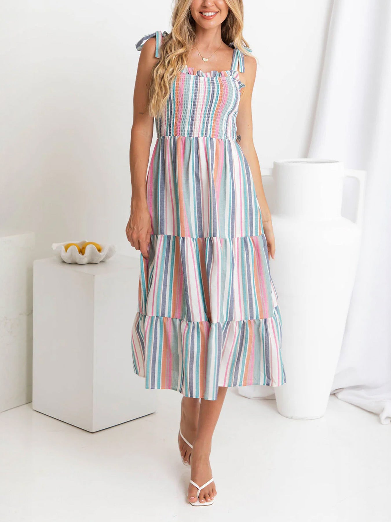 Rainbow Striped Spaghetti Strap Dress in - by Malbusaat