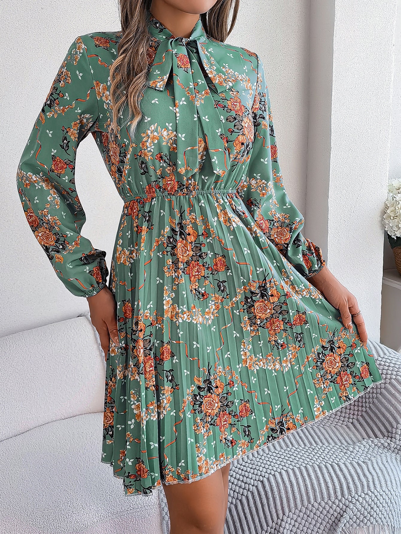 Elegant Floral Lace-Up Waist Dress in - by Malbusaat