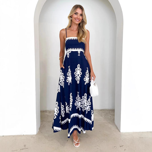 Graphic Print Smocked Cami Swing Maxi in - by Malbusaat