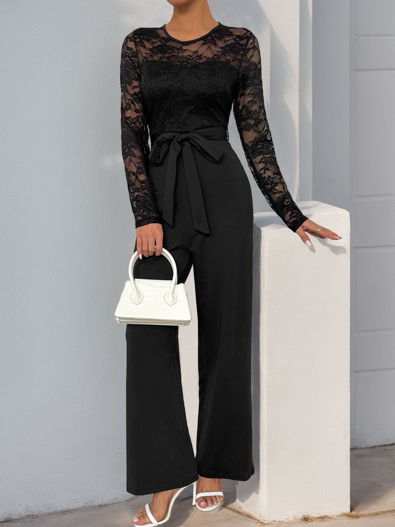 Elegant Lace Stitching Belted Jumpsuit in - by Malbusaat