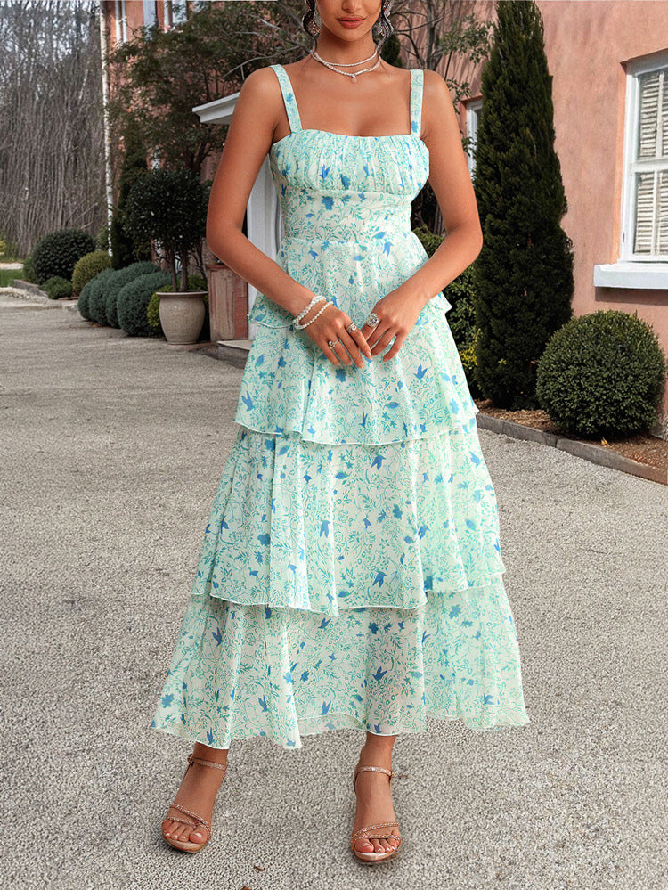 Floral Contrast-Color Chiffon Strap Dress
