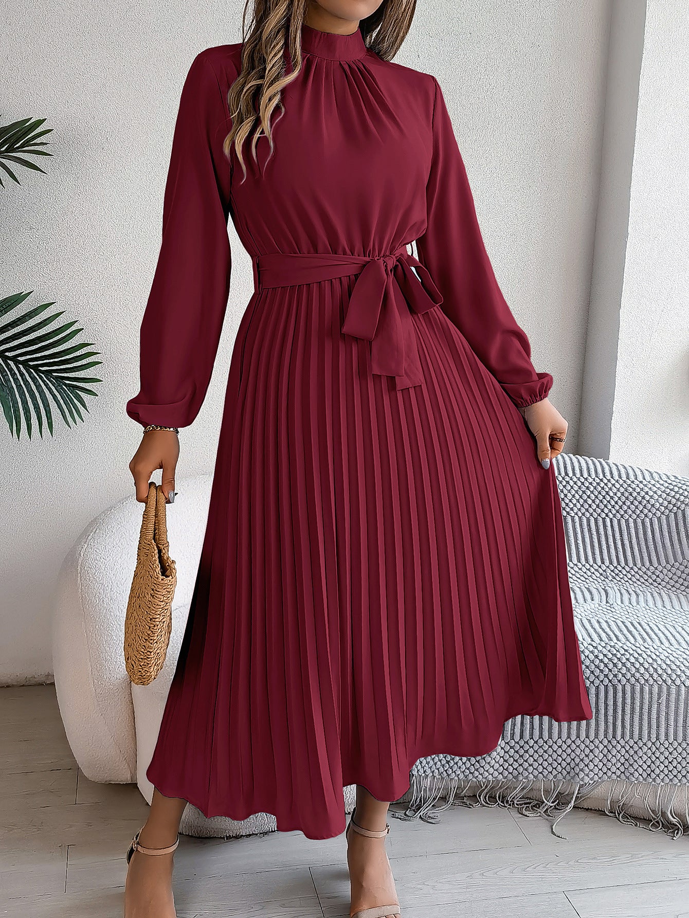 Elegant Stand Collar Pleated Maxi in Burgundy - by Malbusaat