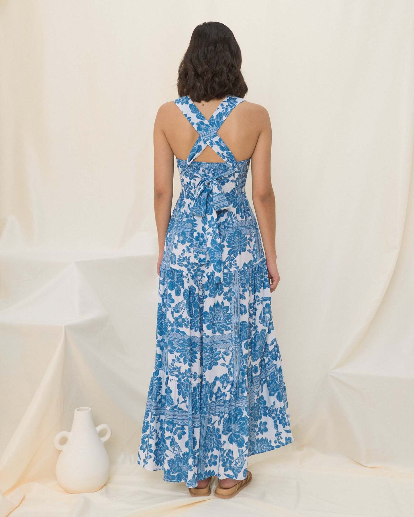 Boho Print Smocked Spaghetti Strap Midi Dress