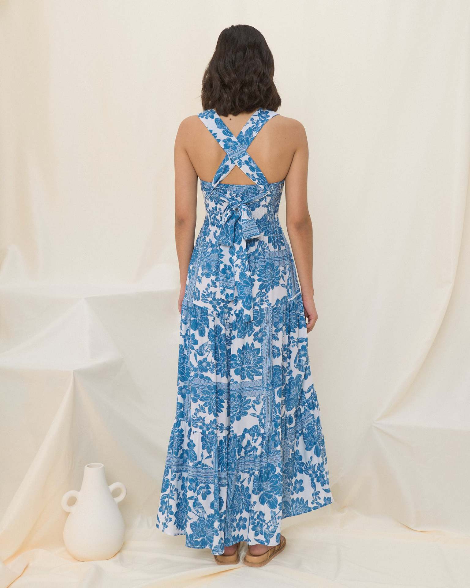 Boho Print Smocked Spaghetti Strap Midi Dress in - by Malbusaat