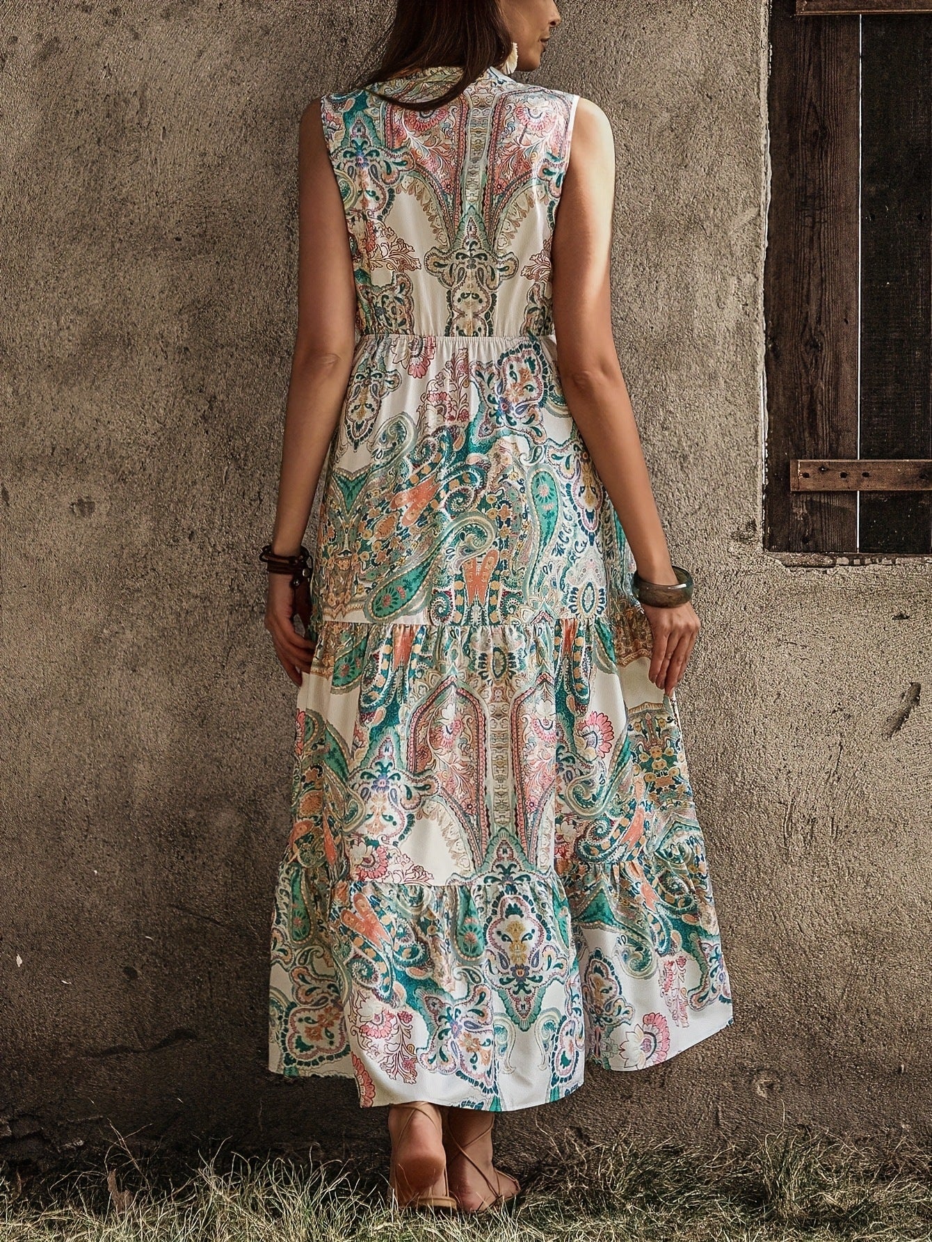 Sleeveless Floral Ruffle Maxi Dress in - by Malbusaat