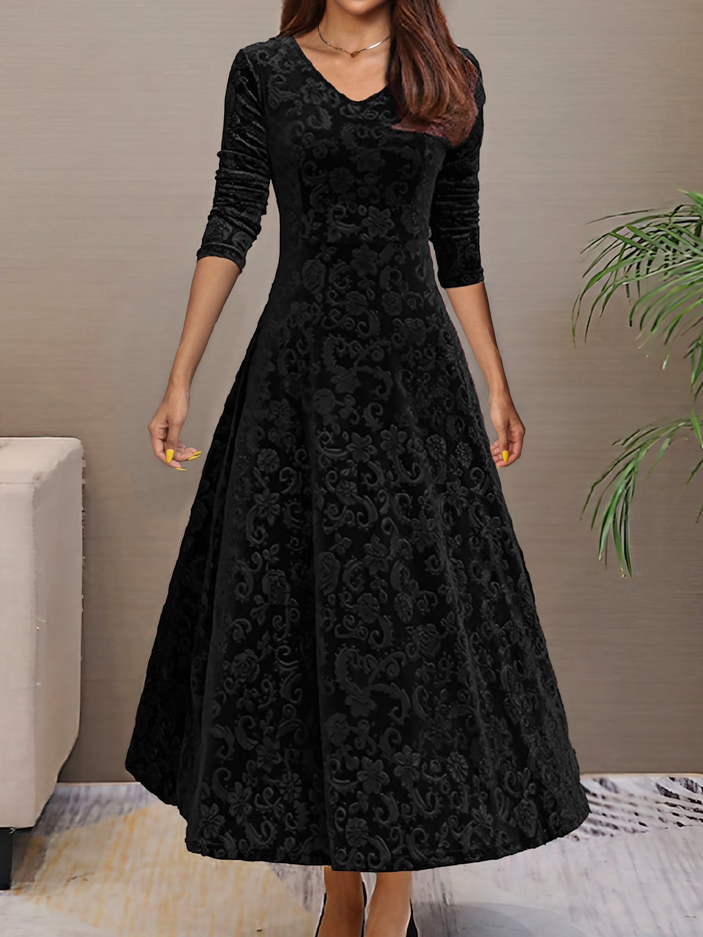 Plus Size Velvet Mid-Length Dress in Black - by Malbusaat