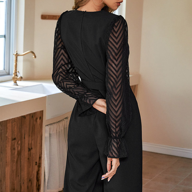 Black V-Neck Lace Belted Jumpsuit in - by Malbusaat