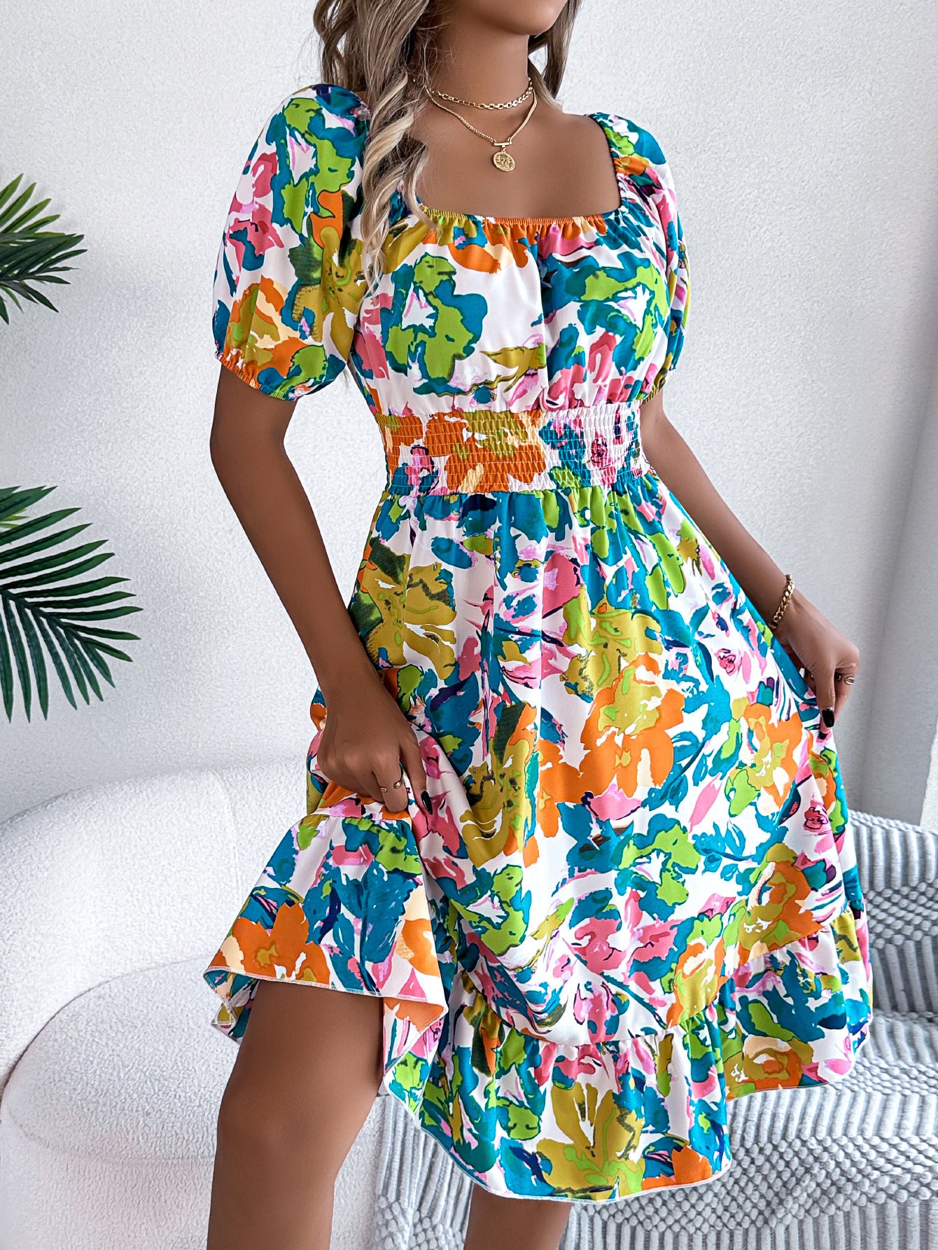 Floral Square Neck Smocked Ruffle Midi A-Line Dress