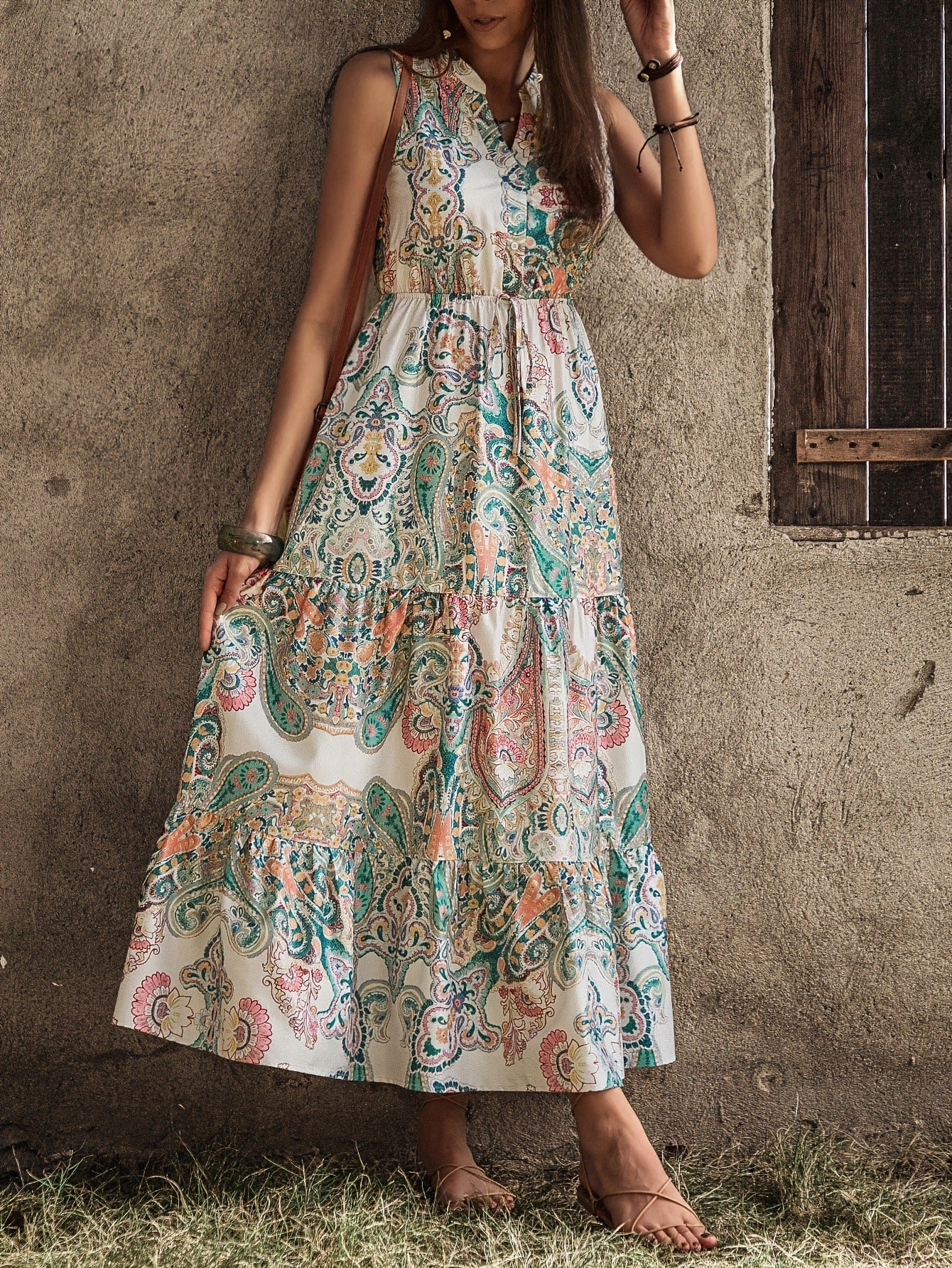 Sleeveless Floral Ruffle Maxi Dress in - by Malbusaat