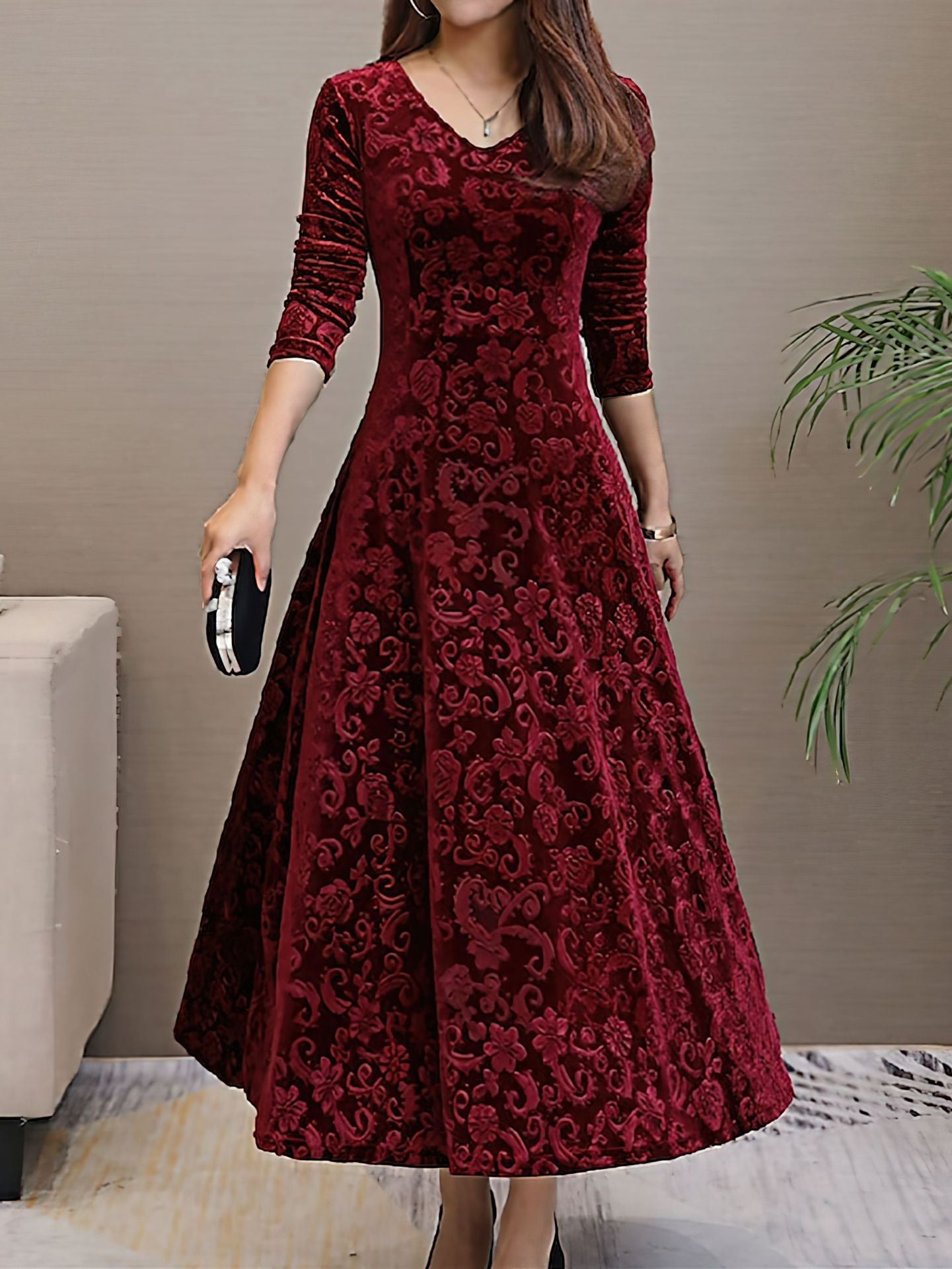 Plus Size Velvet Mid-Length Dress in - by Malbusaat